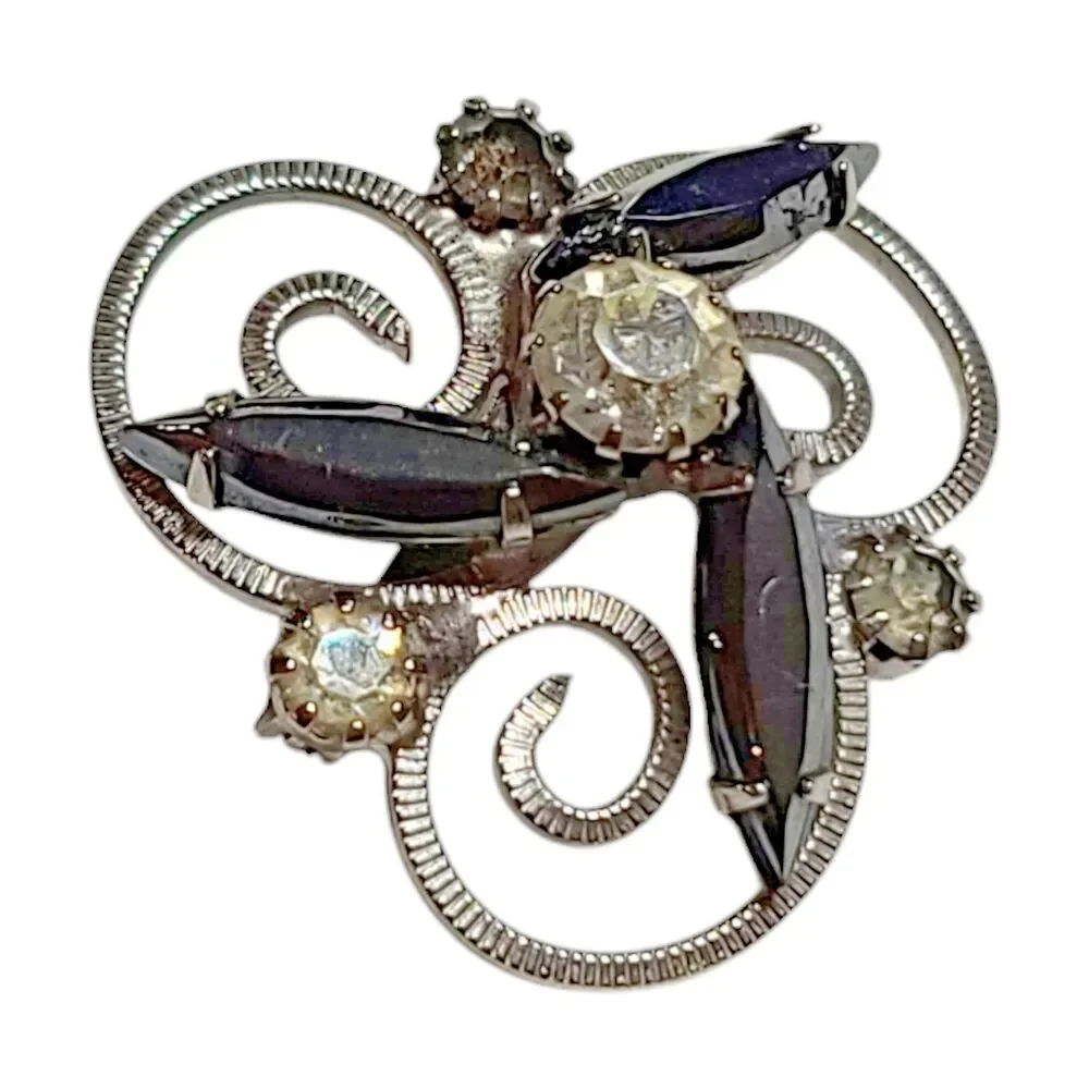 Vtg Black Marquise & Clear Round Rhinestone Scroll Work Brooch Pin Silver Tone